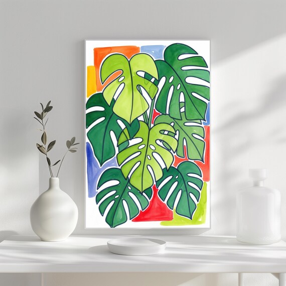 Nature Wall Art Print Monstera Leaf Tropical Botanical Abstract Color Block Decor Green Plant Poster Modern