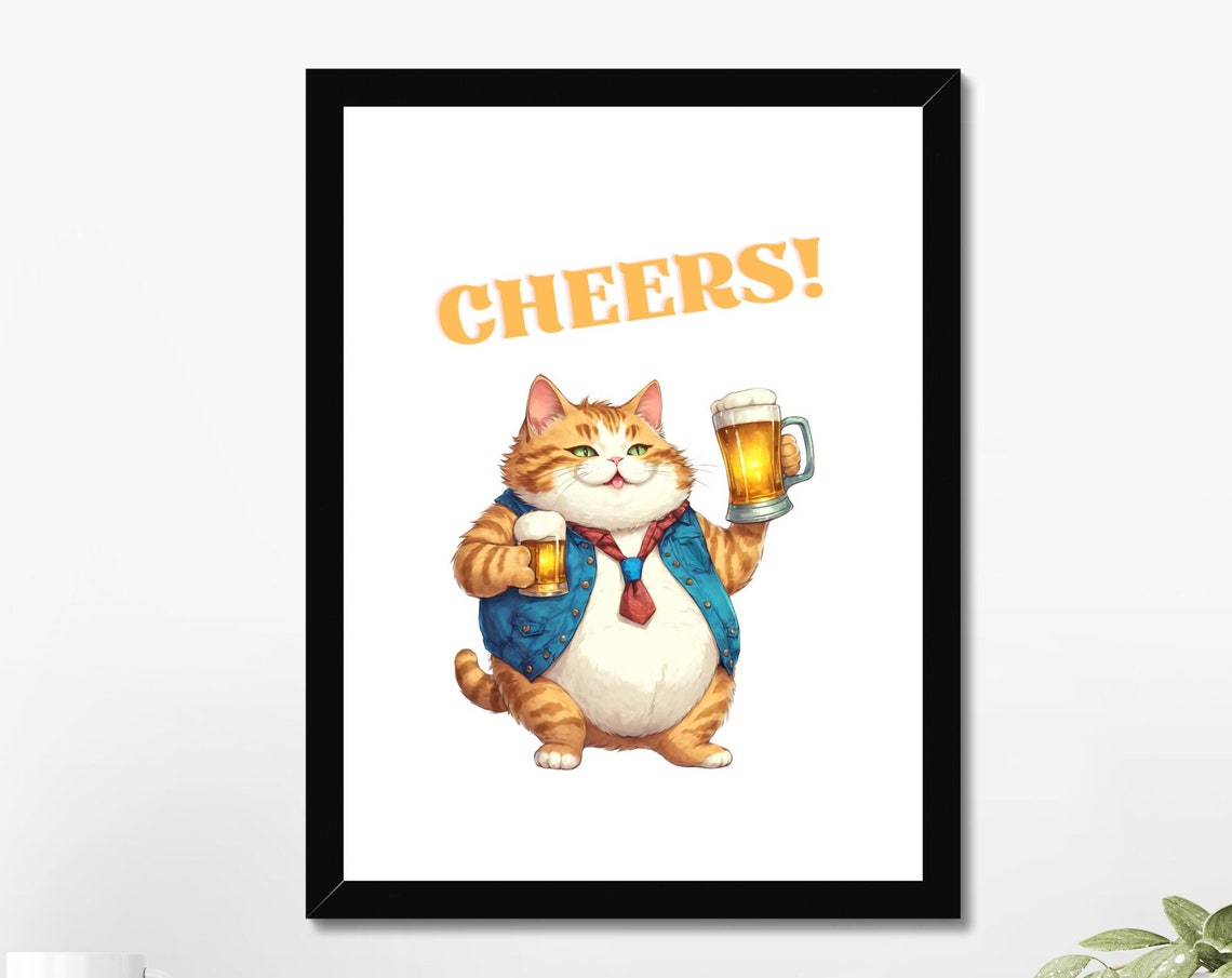 Cheers Funny Orange Cat Holding Beer Mugs Bar Humor Animal Poster