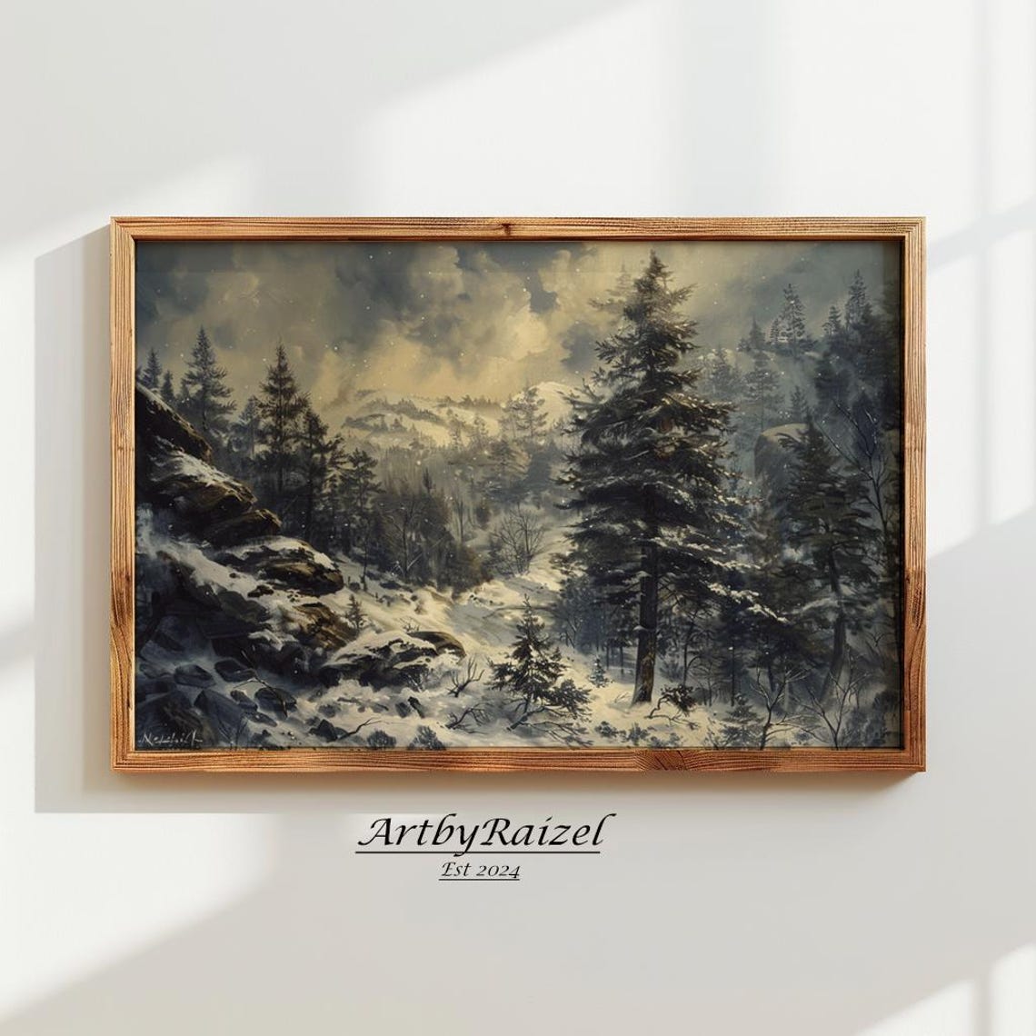 Moody Winter Pine Forest With Snowy Mountains At Dusk Art Poster