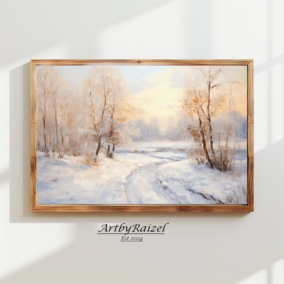 Snowy Forest Path Sunset Golden Winter Trail Painting Poster
