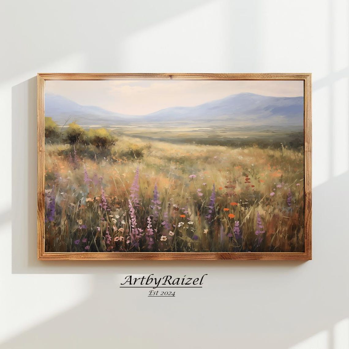 Purple Wildflower Field With Mountains Warm Light Art Poster