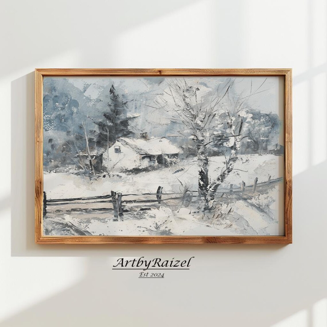 Snowy Winter Farmhouse Wooden Fence Peaceful Holiday Art Poster
