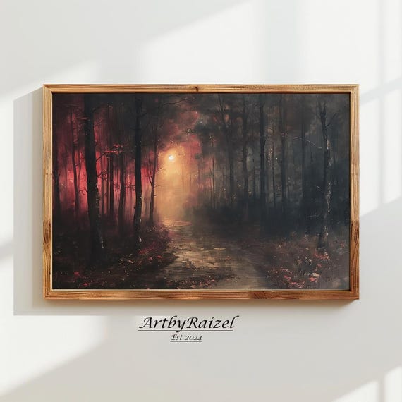 Forest Oil Painting Vintage Landscape Art Print Antique Forest Print Moody Wall Art Forest Painting