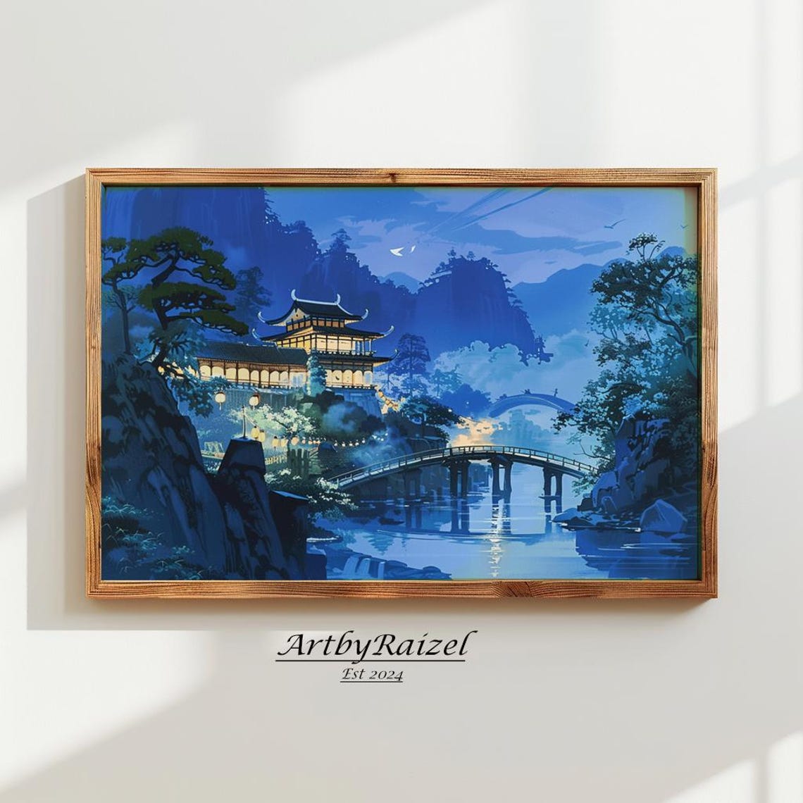 Japanese Temple Night Blue River Lanterns Bridge Scene Poster