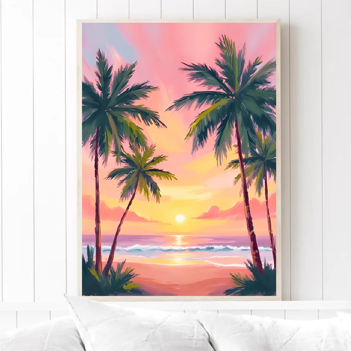 Pink Sunset Palm Tree Beach Ocean Poster Coastal Tropical Art
