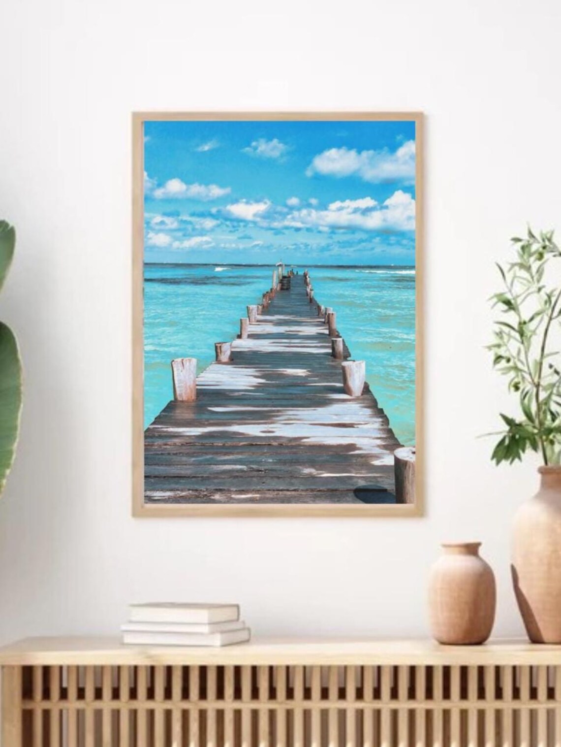 Weathered Wooden Pier Over Bright Turquoise Sea Beach Photo Poster