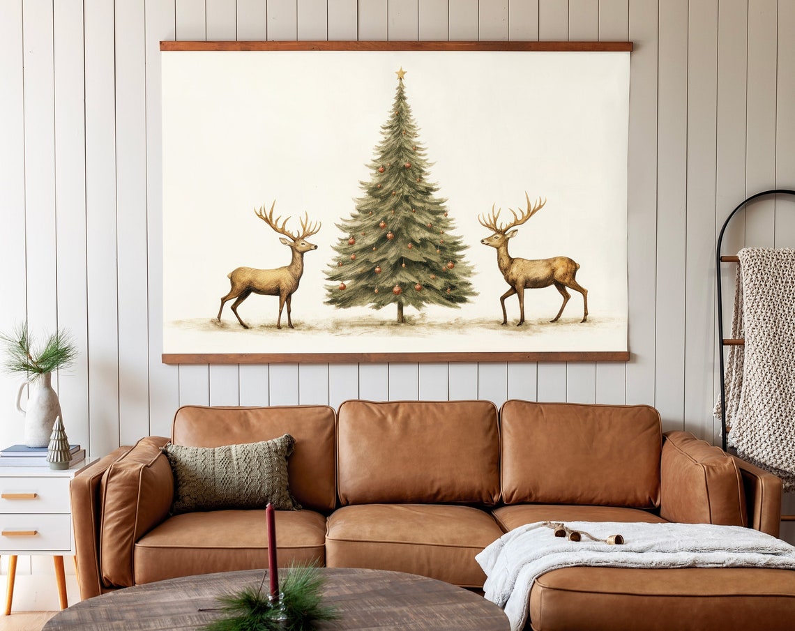 Vintage Christmas Tree Two Reindeer Classic Holiday Scene Poster