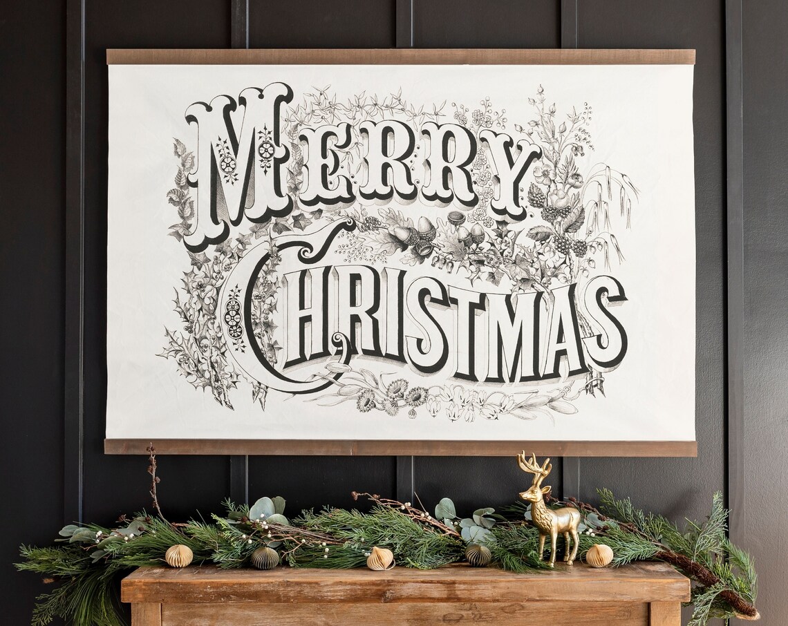 Vintage Merry Christmas Hand Lettered Botanical Holiday Sign Wall Art
