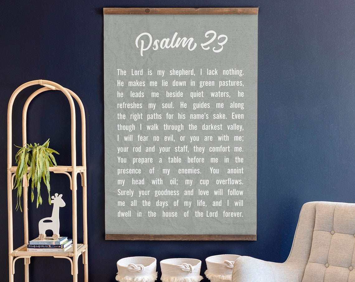 Full Text Psalm 23 on a Gray Linen Vertical Scripture Wall Sign Poster