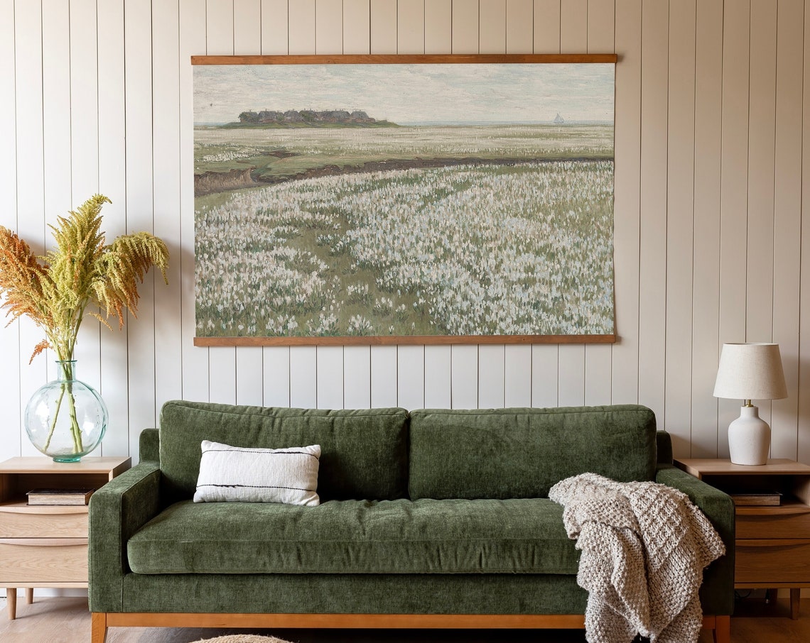 White Blossom Field Distant Hills Vintage Landscape Art Poster
