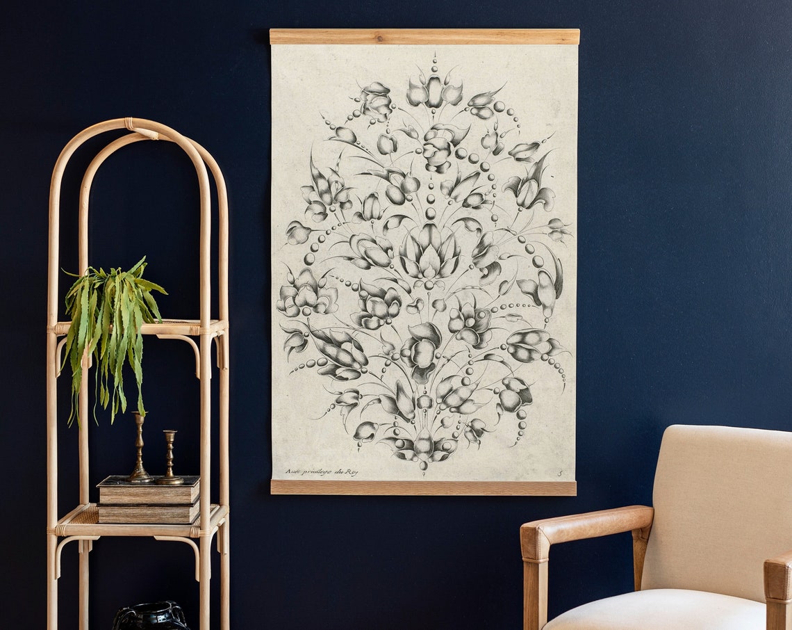 Vintage Botanical Engraving Floral Print Avec privilege du Roy Design