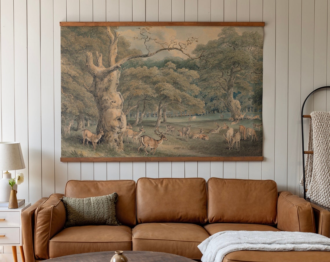 Vintage Deer Herd in an Ancient Oak Forest Wildlife Study Art Print