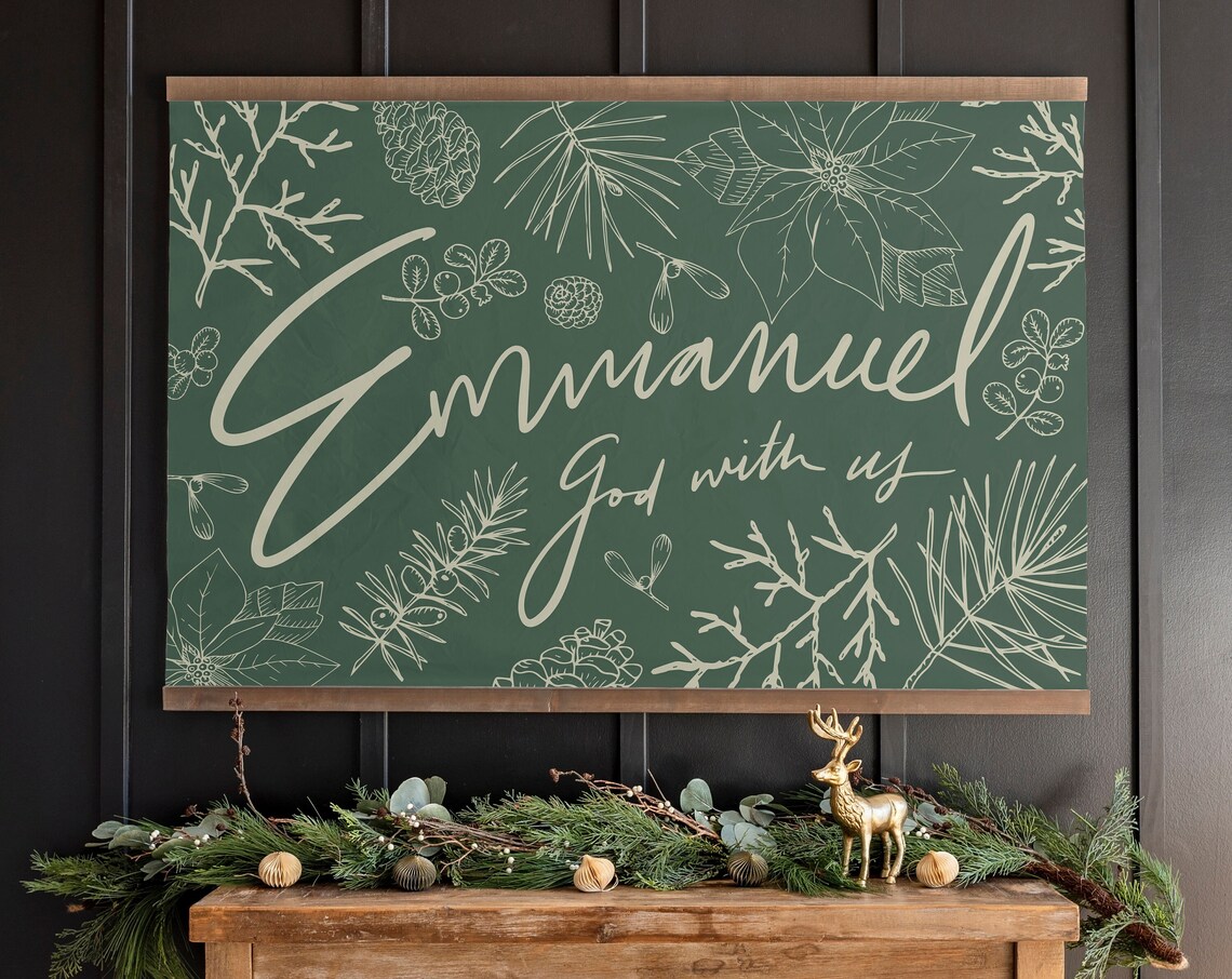Emmanuel God With Us Green Christmas Botanical Holiday Quote Poster - Image 2