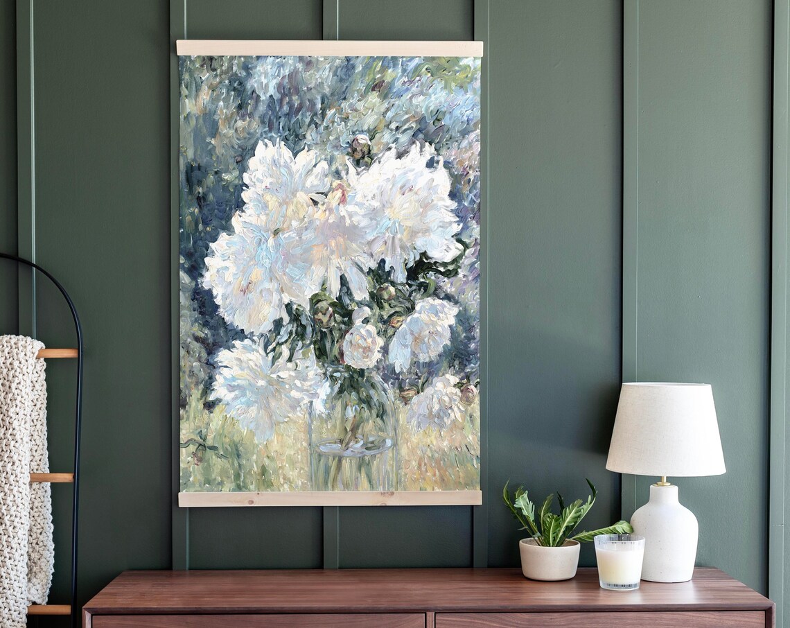 White Peonies Bouquet Floral Oil Painting Vintage Flower Poster