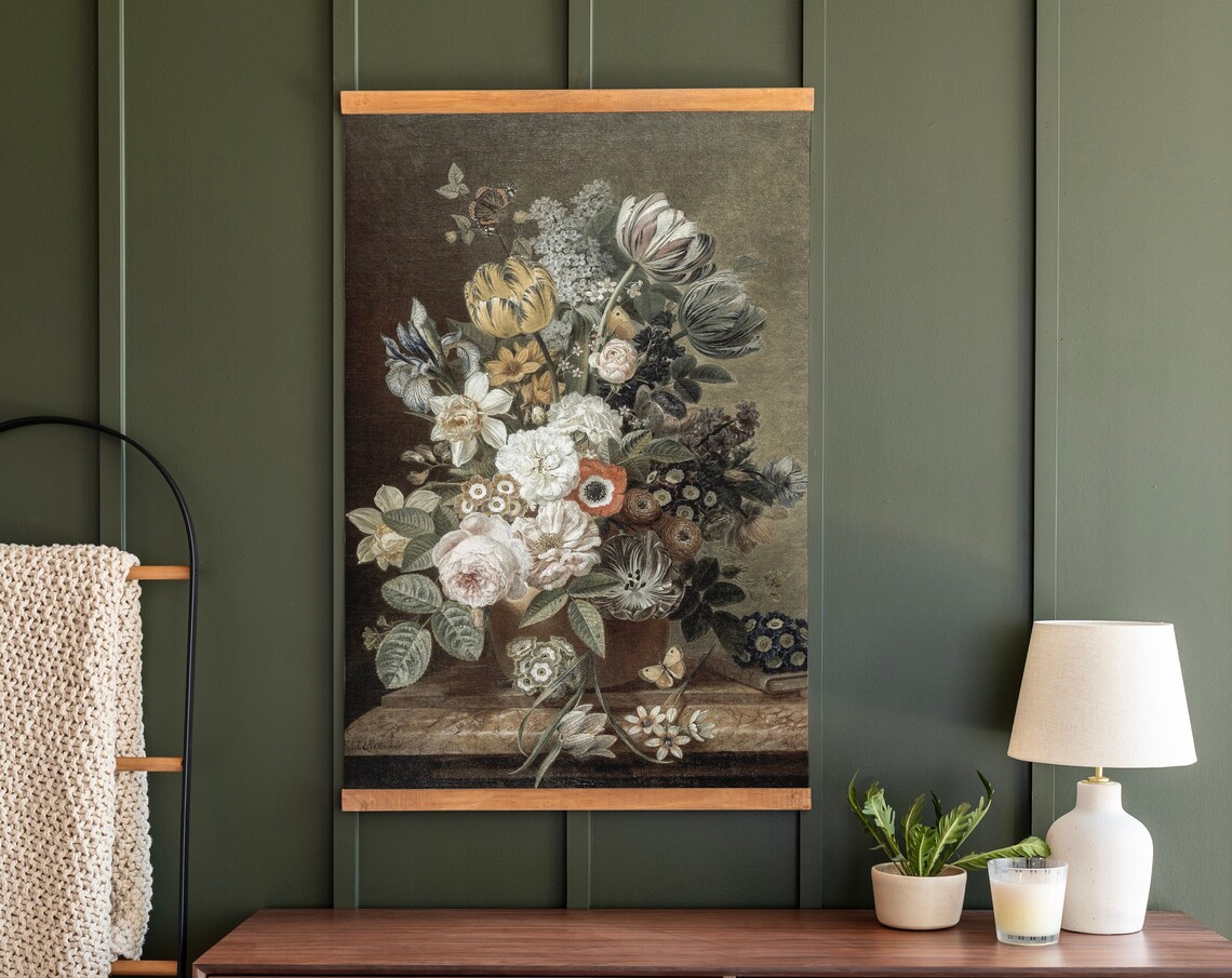 Dark Moody Floral Still Life Roses Tulips Vintage Oil Poster - Image 2