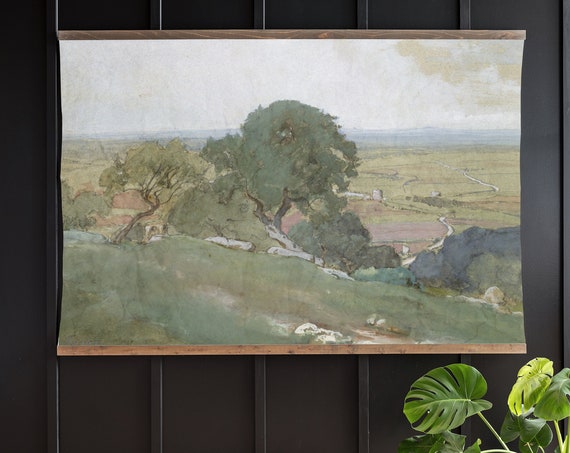 Extra Large Vintage Wall Art Green Hillside Vintage Art Oil Painting Print Vintage Mountain Study Art 403
