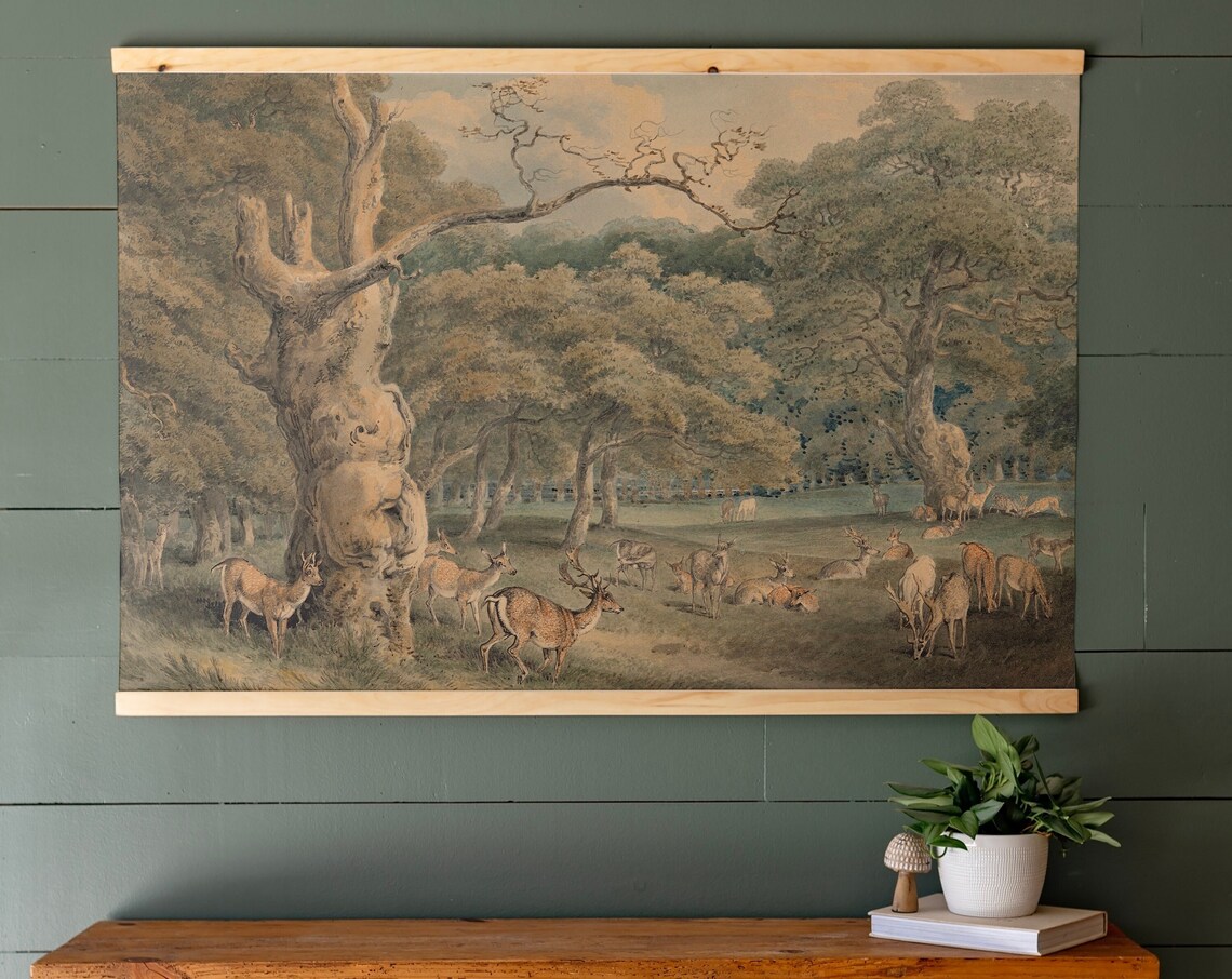 Vintage Deer Herd in an Ancient Oak Forest Wildlife Study Art Print - Image 3