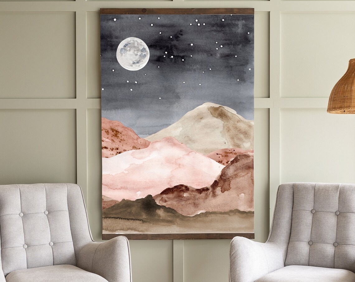 Boho Watercolor Night Mountains With Moon and Stars Kids Room Poster - Image 3