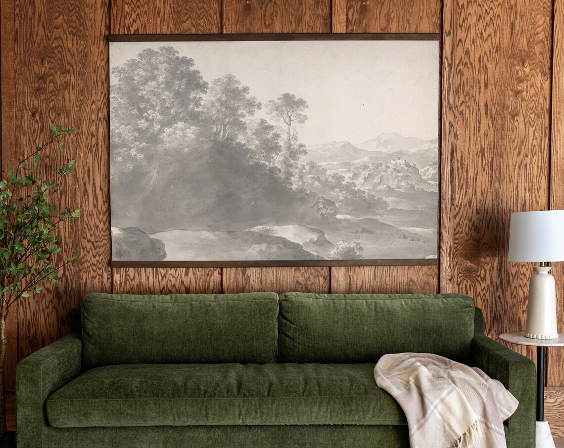 Black and White Vintage Woodland Valley Landscape Sketch Style Poster - Image 3