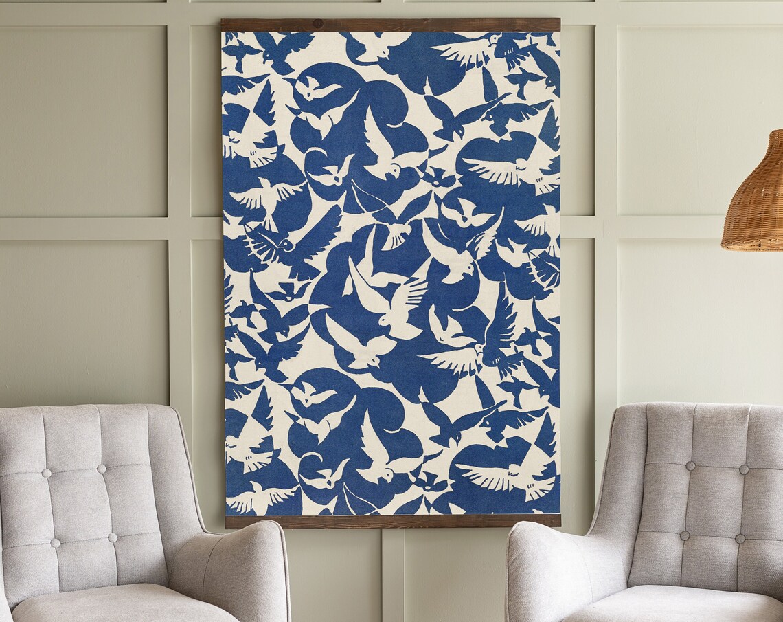 Blue Bird Pattern, Vintage Bird Textile Art