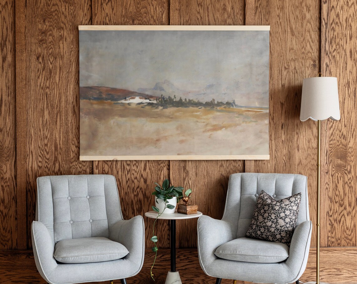 Neutral Beige Field Distant Trees Vintage Landscape Art Poster