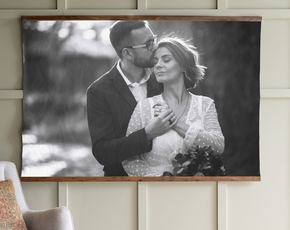 Black White Wedding Couple Embrace Romantic Photo Art Poster