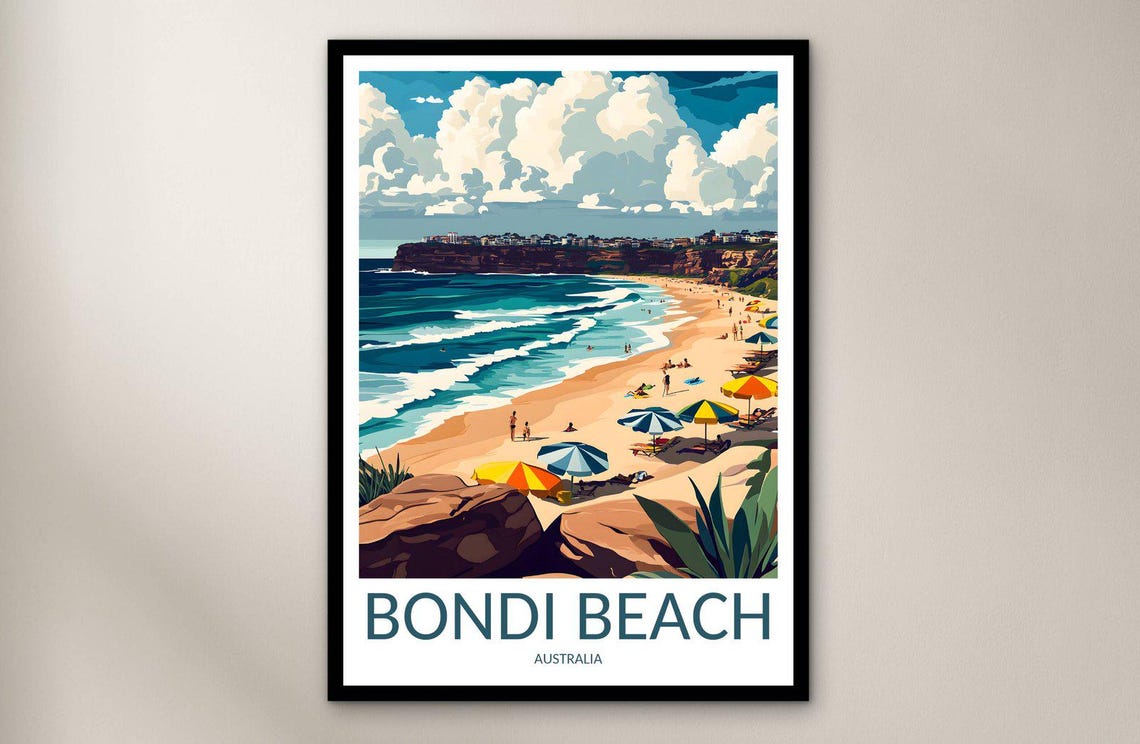 Iconic Vintage Bondi Beach Australia Surf Sand Sun Travel Poster