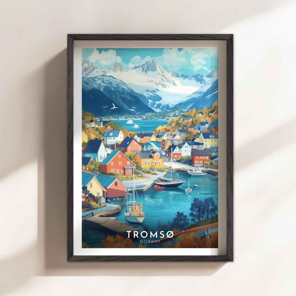 Tromso Norway Harbor Snow Peaks Colorful Houses Travel Poster