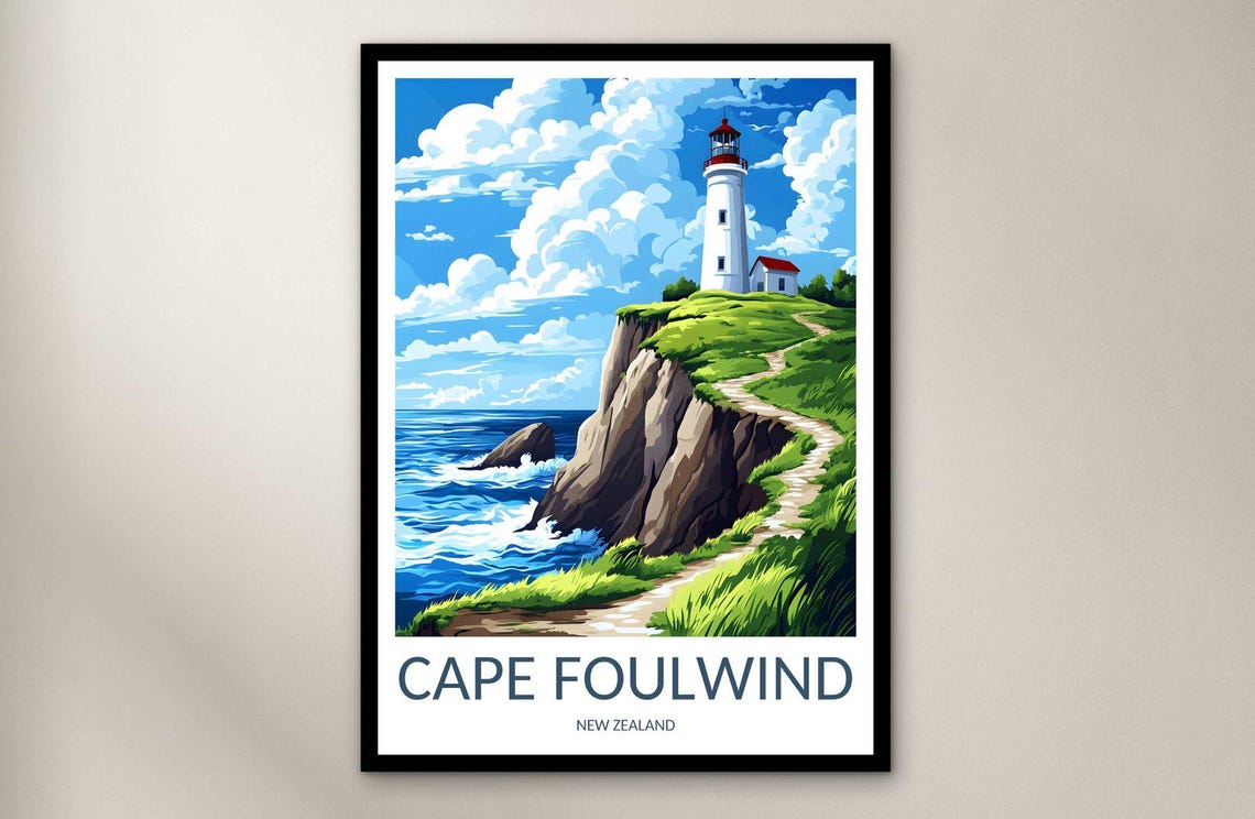 Cape Foulwind New Zealand Lighthouse Cliff Retro Travel Poster