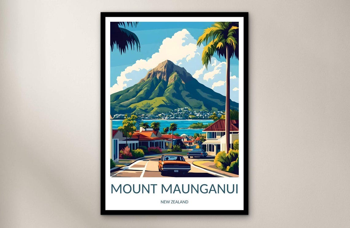 Mount Maunganui New Zealand Street View Peak Retro Travel Poster