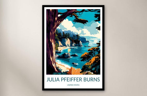 Julia Pfeiffer Burns State Park Travel Poster Wall Art Print United States Home Decor Gift North America Illustration