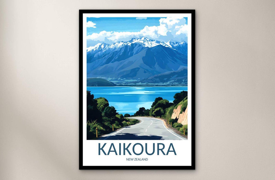 Kaikoura New Zealand Coastal Road Mountain Sea Vintage Poster
