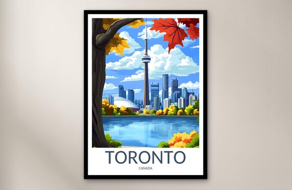 Toronto Canada CN Tower Autumn Maple Skyline Vintage Travel Poster