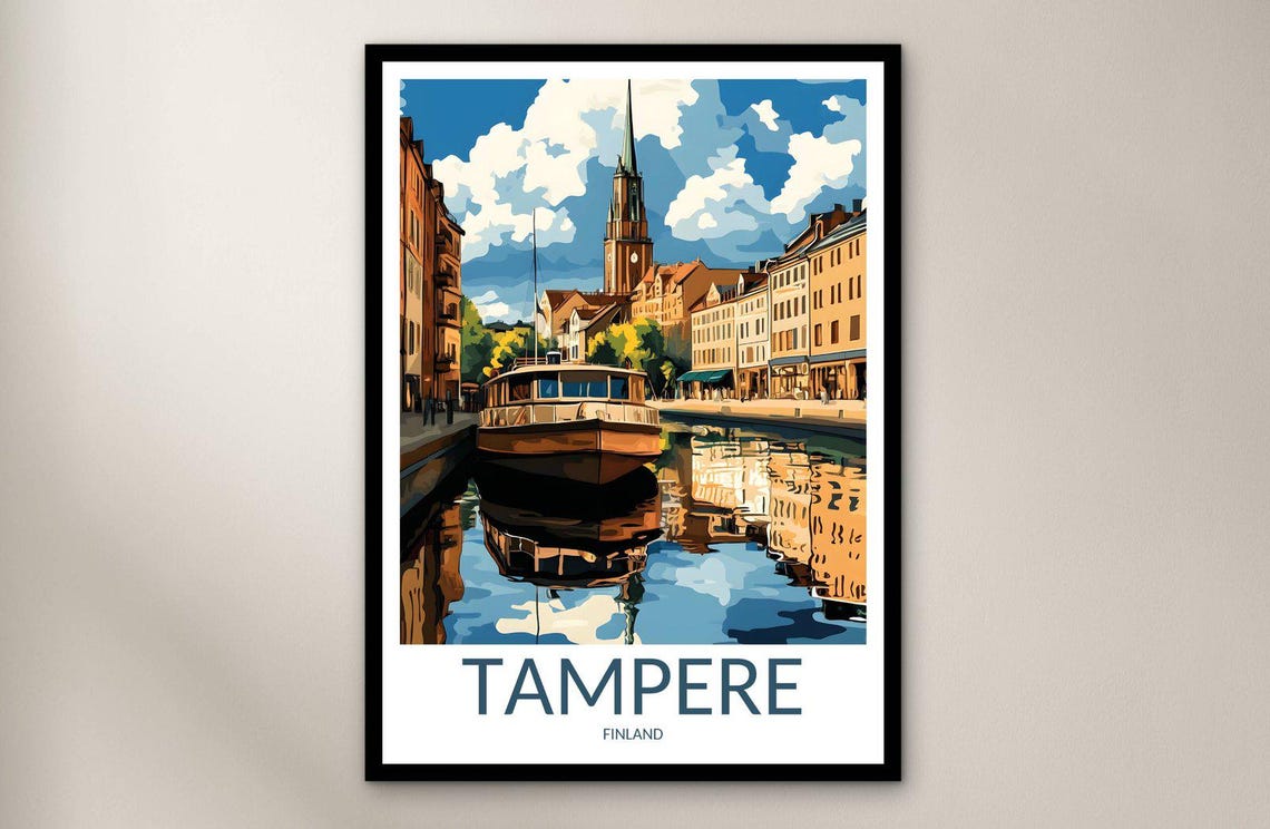 Tampere Finland Harbor Reflections Boat Church Spire View Poster