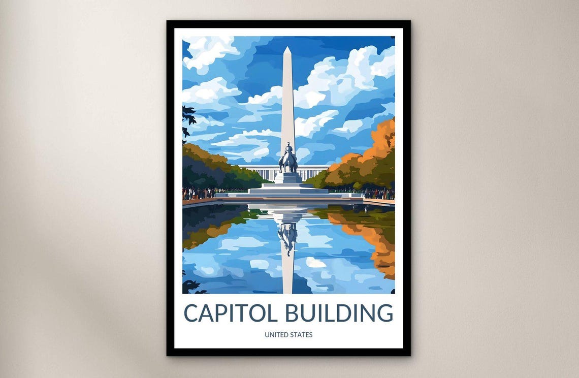 Washington DC Monument Reflecting Pool Capitol Building Travel Poster