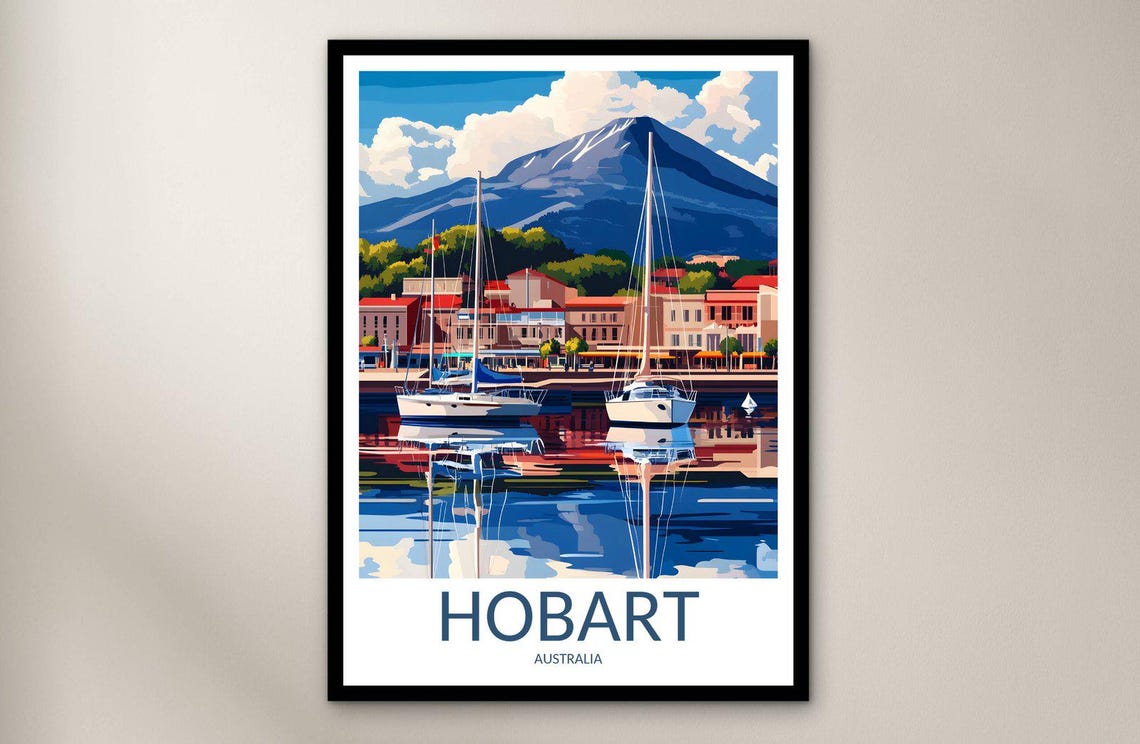 Hobart Australia Harbor Sailboats Mountain View Travel Poster