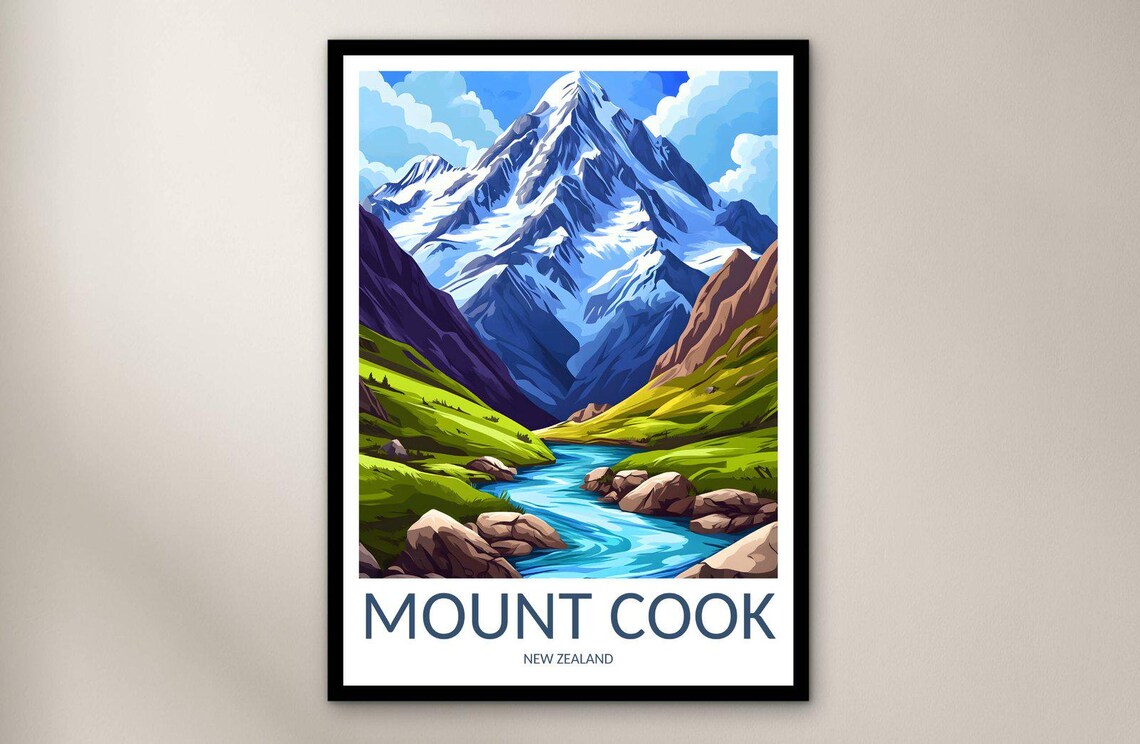 Mount Cook New Zealand Snow Peak Alpine Valley Travel Poster