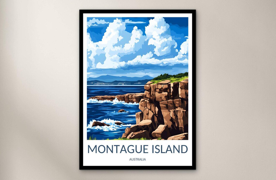 Montague Island Australia Rocky Cliffs Ocean Vintage Travel Poster