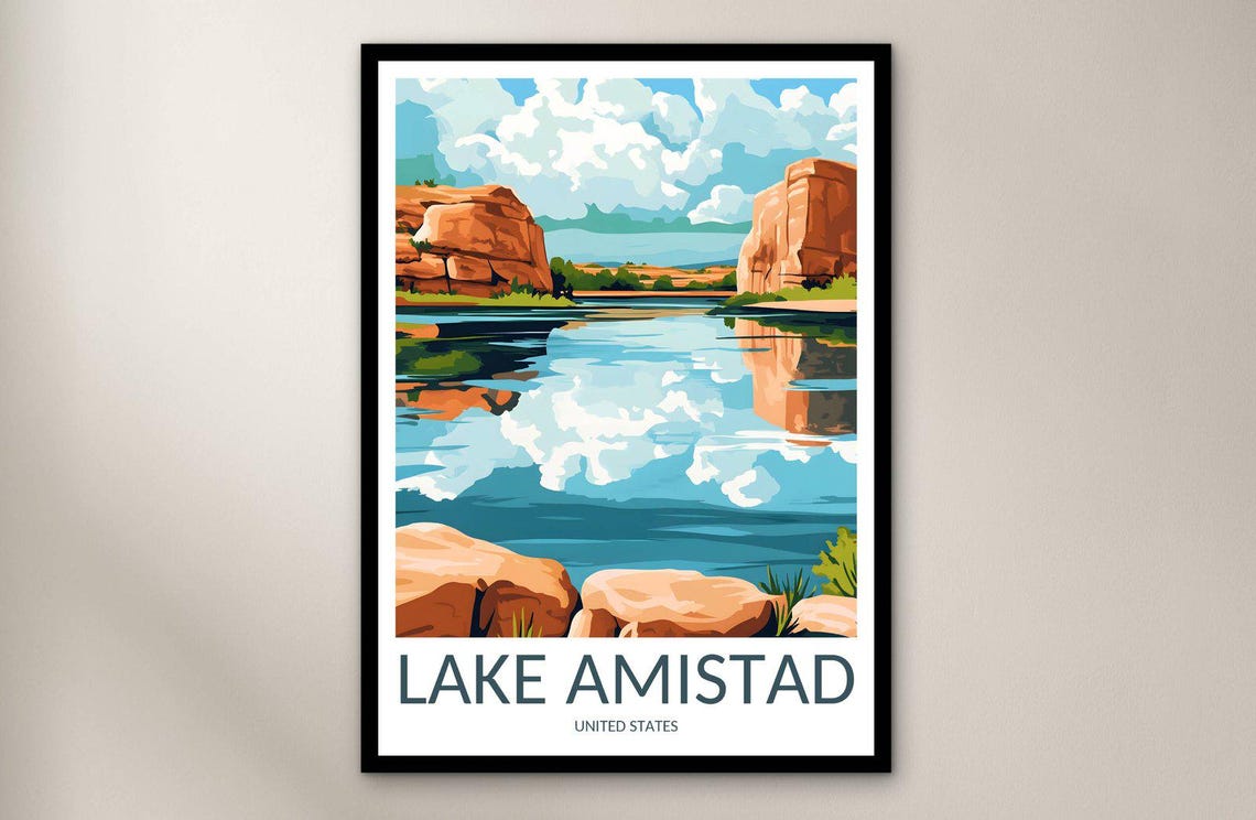 Lake Amistad Red Rock Cliffs Mirror Reflection Travel Poster