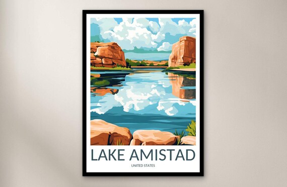 Lake Amistad Red Rock Cliffs Mirror Reflection Travel Poster