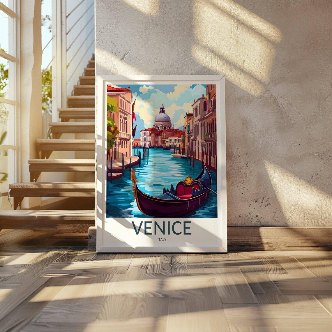 Venice Italy Gondola Ride Canal With Domed Church Travel Poster