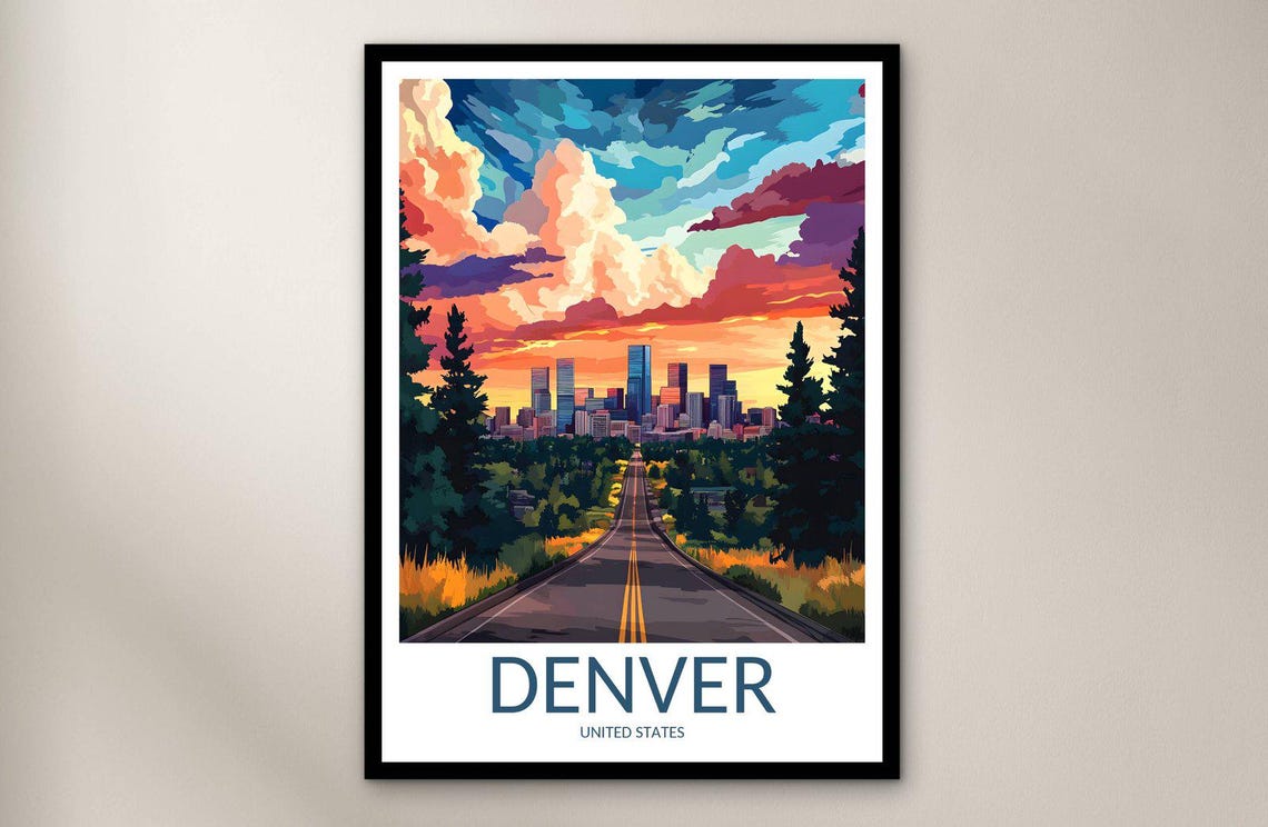 Denver Colorado Skyline Sunset Road Mountain Trees Travel Poster