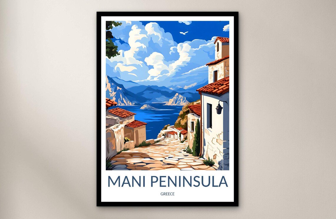 Mani Peninsula Greece Sunny Seaside Stone Village Travel Poster