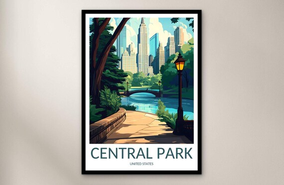 Central Park New York Manhattan Skyline Bow Bridge Vintage Travel Poster
