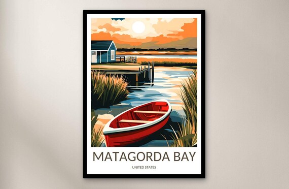 Matagorda Bay Texas Sunset Marsh Red Boat Fishing Shack Travel Poster