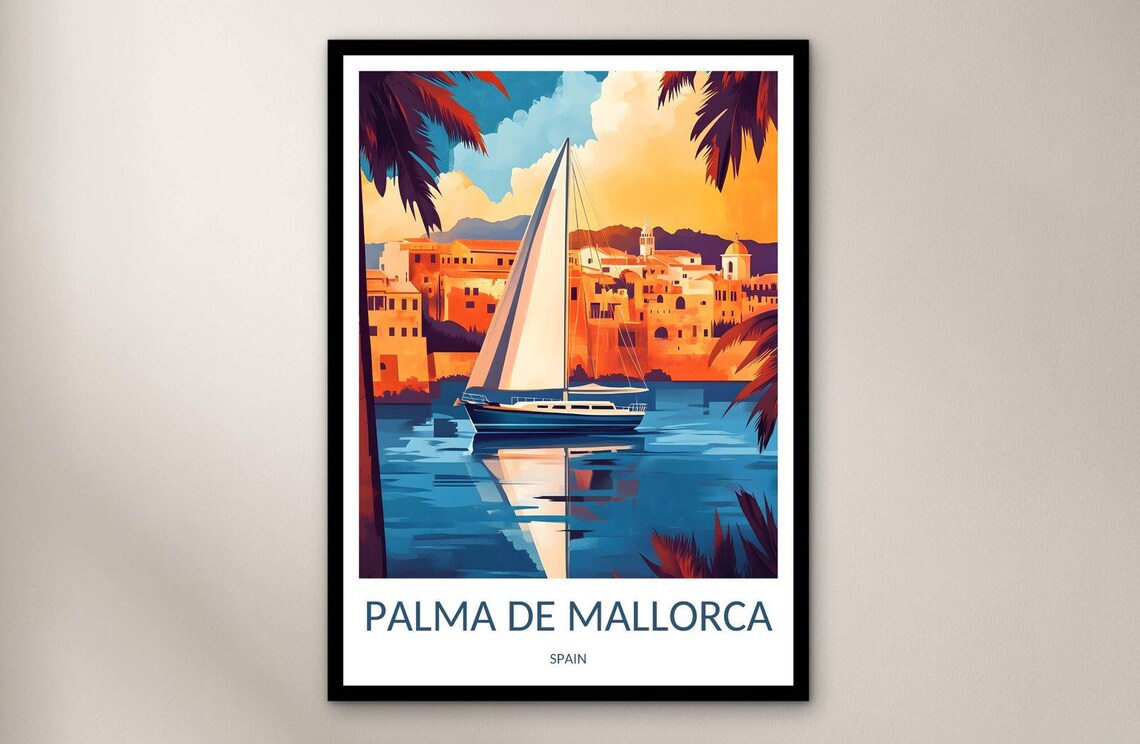 Palma de Mallorca Spain Sailboat Sunset Harbor Balearic Travel Poster