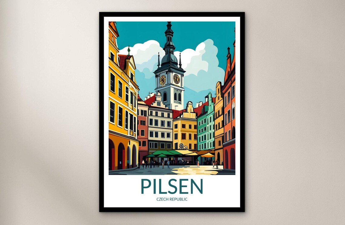 Pilsen Czech Republic Old Town Square Tower Vintage Travel Poster