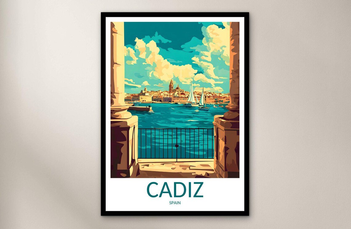 Cadiz Harbor Sailboats Stone Balcony Sea Vintage Travel Poster