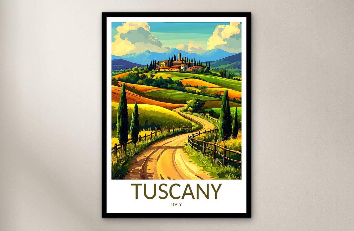 Tuscany Italy Rolling Hills Cypress Road Vintage Travel Poster