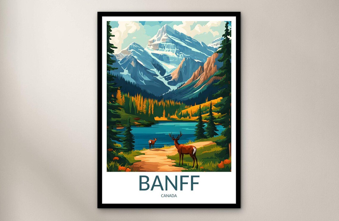 Banff Canada Deer Lakeside Rocky Mountain Scenic Alpine Vintage Travel Poster